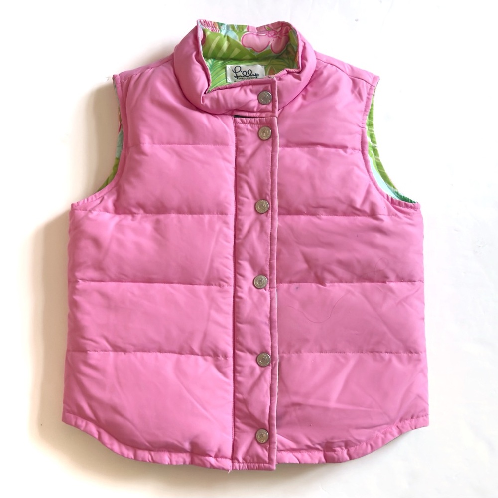Lilly Pulitzer Reversible Down Puffer Vest Girls 6X Pink Floral Tropical Preppy